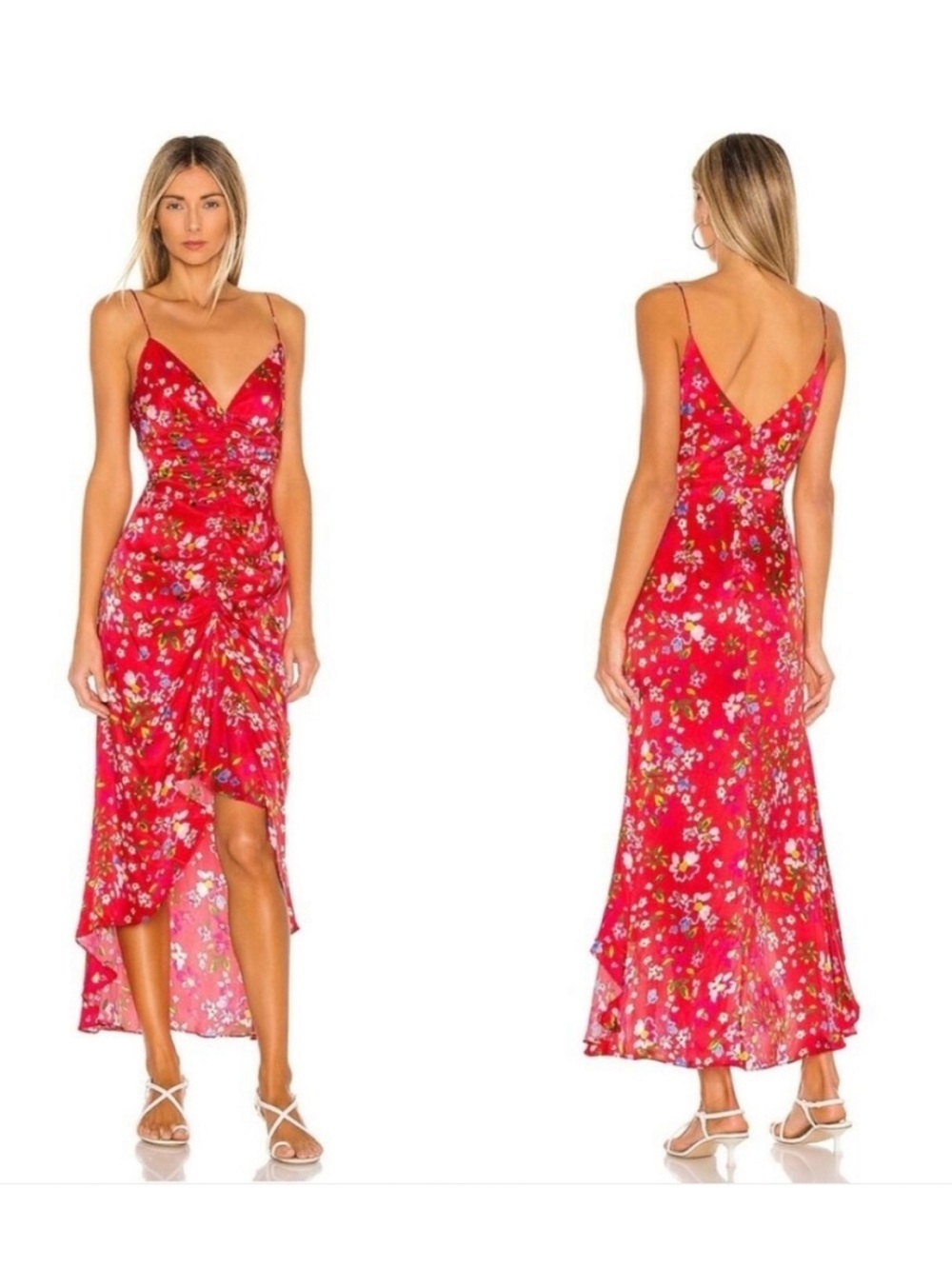 Sau Lee Women's Size 4 Sofia Dress Red Floral Sleeveless V-Neck Cinched Front